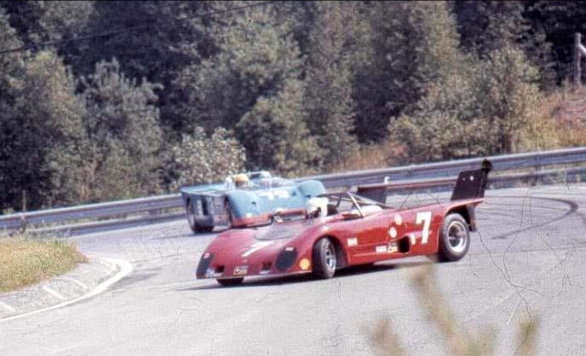 Lola T290 sliding in front of a Chevron B21 during a joint WSC-Can Am race at Mosport