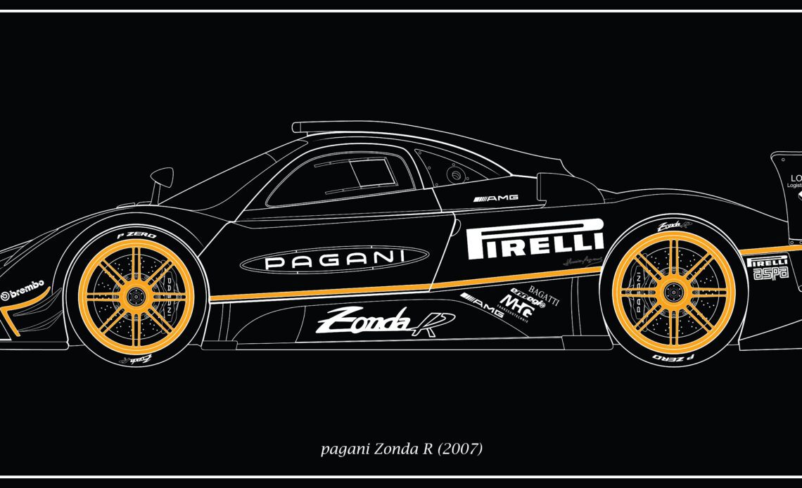 New Thursday car illustration here, and yet again with a "negative" style piece of a supercar of a very recognizable brand that broke records on the track: the Pagani Zonda R. This one was built for racing tracks only, beating the record lap on Nurburgring in 2010!
