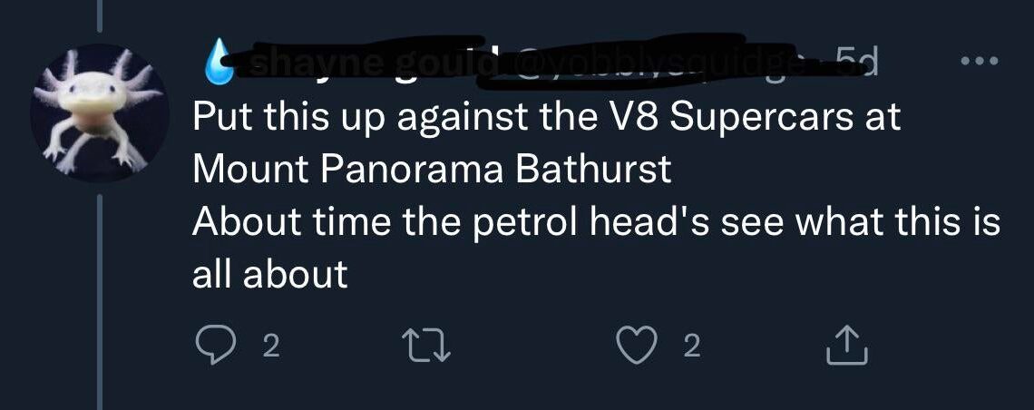 Tesla guy on twitter thinks the plaid is faster around Bathurst then the Aussie V8 supercars. How do I explain it to him lmao.
