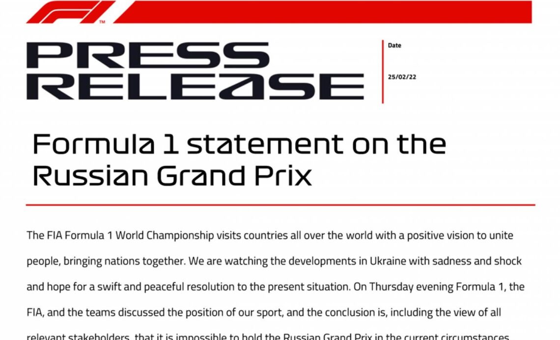 Formula 1 Statement On The Russian Grand Prix