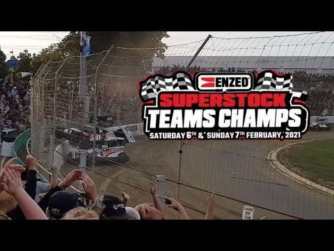 New Zealand Superstock Teams Racing, two teams of four 550hp V8 machines purpose built to hit each other battle for the race win