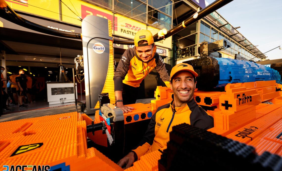 Lando Norris and Daniel Ricciardo with a Full-size Lego McLaren, Albert Park, Melbourne, 2022