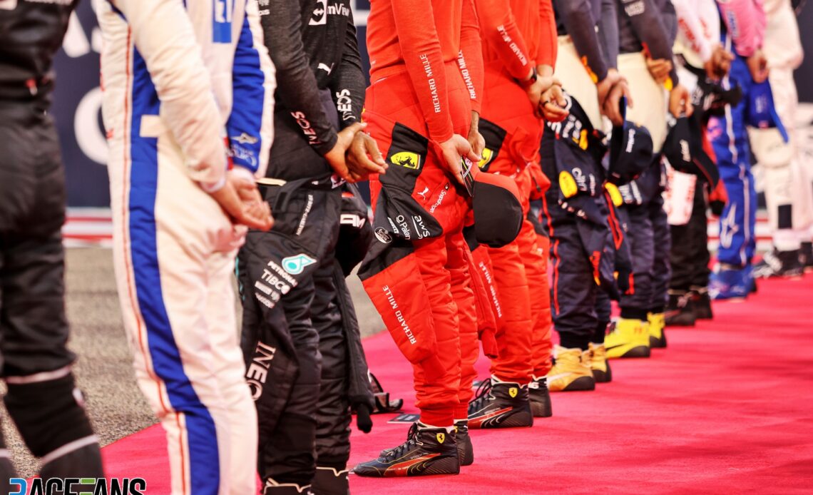 Drivers observe the national anthem, Bahrain International Circuit, 2022