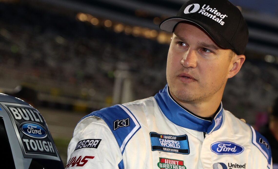 Ryan Preece, driver of the #17 United Rentals Ford, waits on the grid prior to the NASCAR Camping World Truck Series Victoria's Voice Foundation 200 at Las Vegas Motor Speedway on March 04, 2022 in Las Vegas, Nevada. (Photo by Meg Oliphant/Getty Images)