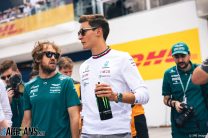 (L to R): Sebastian Vettel, Aston Martin; George Russell, Mercedes; Miami International Autodrome, 2022