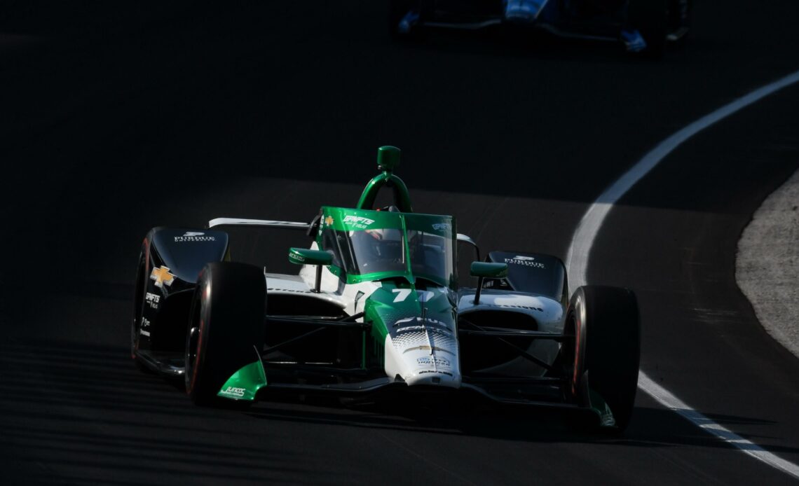 Callum Ilott practicing the Juncos Hollinger Racing car at the Indianapolis Motor Speedway