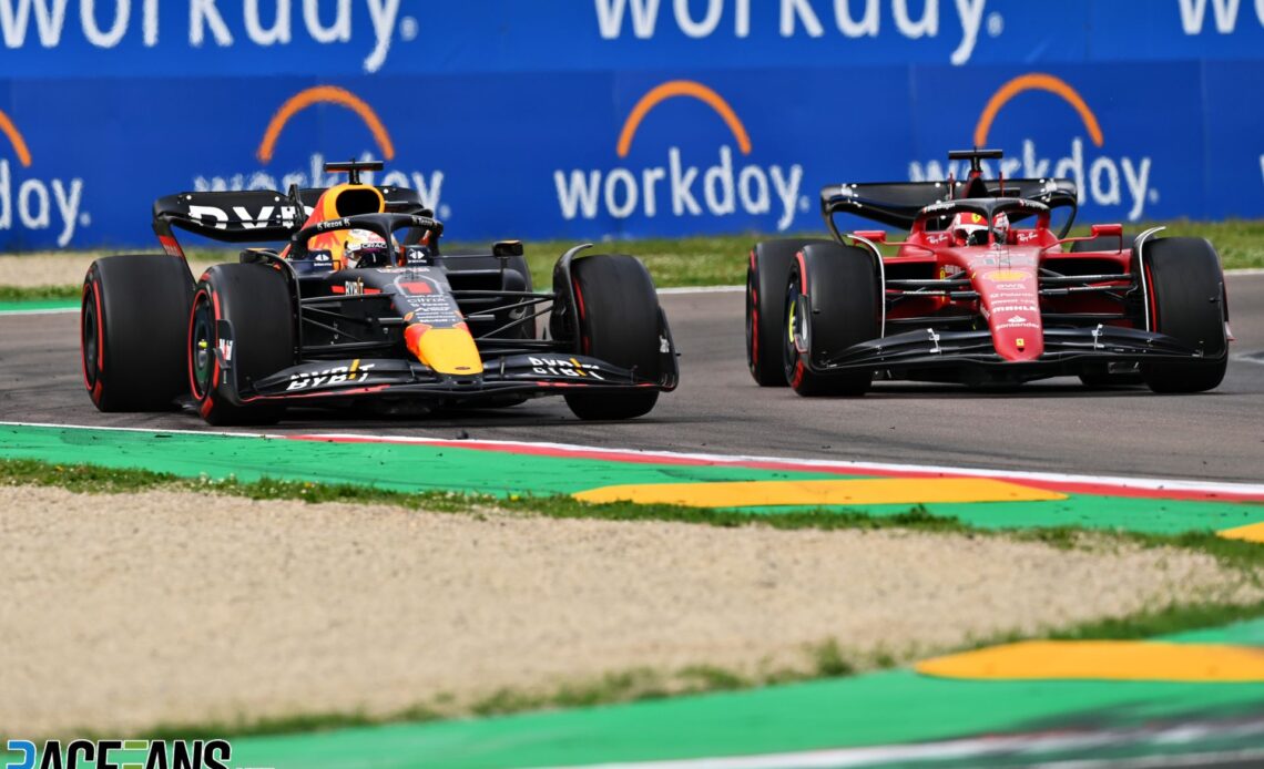 Max Verstappen, Red Bull, overtakes Charles Leclerc, Ferrari, Imola, 2022