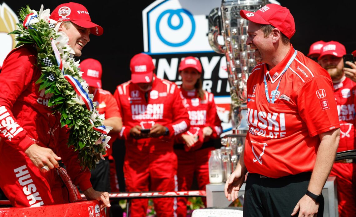 Marcus Ericsson and Brad Goldberg share a moment following the 2022 Indianapolis 500