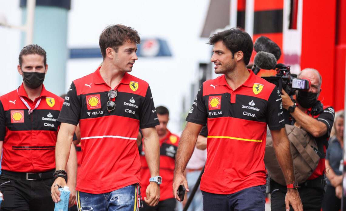 Charles Leclerc and Carlos Sainz walking through the paddock. Monaco May 2022