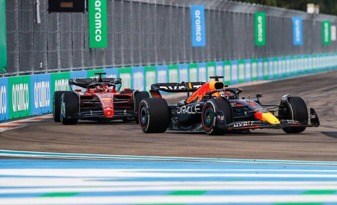 Charles Leclerc chases Max Verstappen in Miami. United States, May 2022.