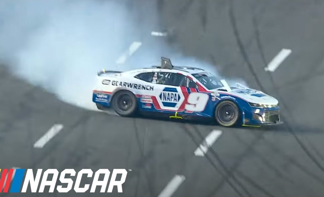 Chase Elliott gets loose, spins racing Daniel Suárez at Charlotte.