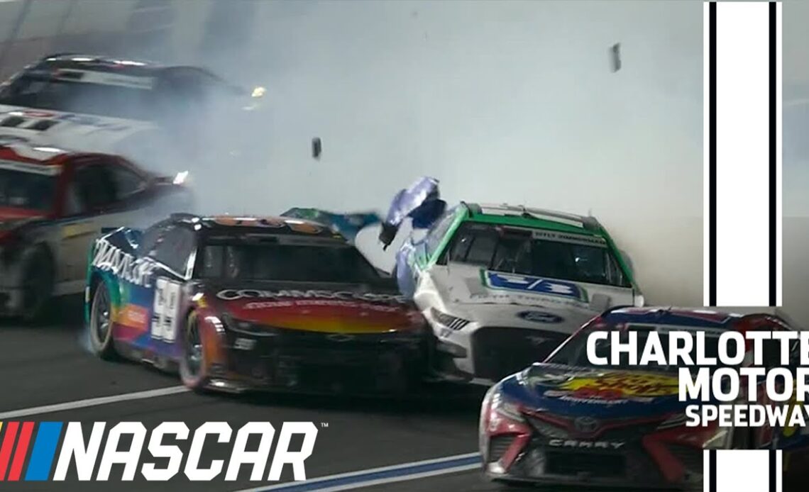 Daniel Suárez wrecks, collects Chris Buescher who flips down the front stretch