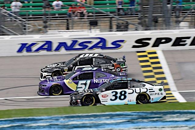 Quin Houff, Cody Ware and Anthony Alfredo race three-wide at Kansas Speedway. (Photo: NKP)
