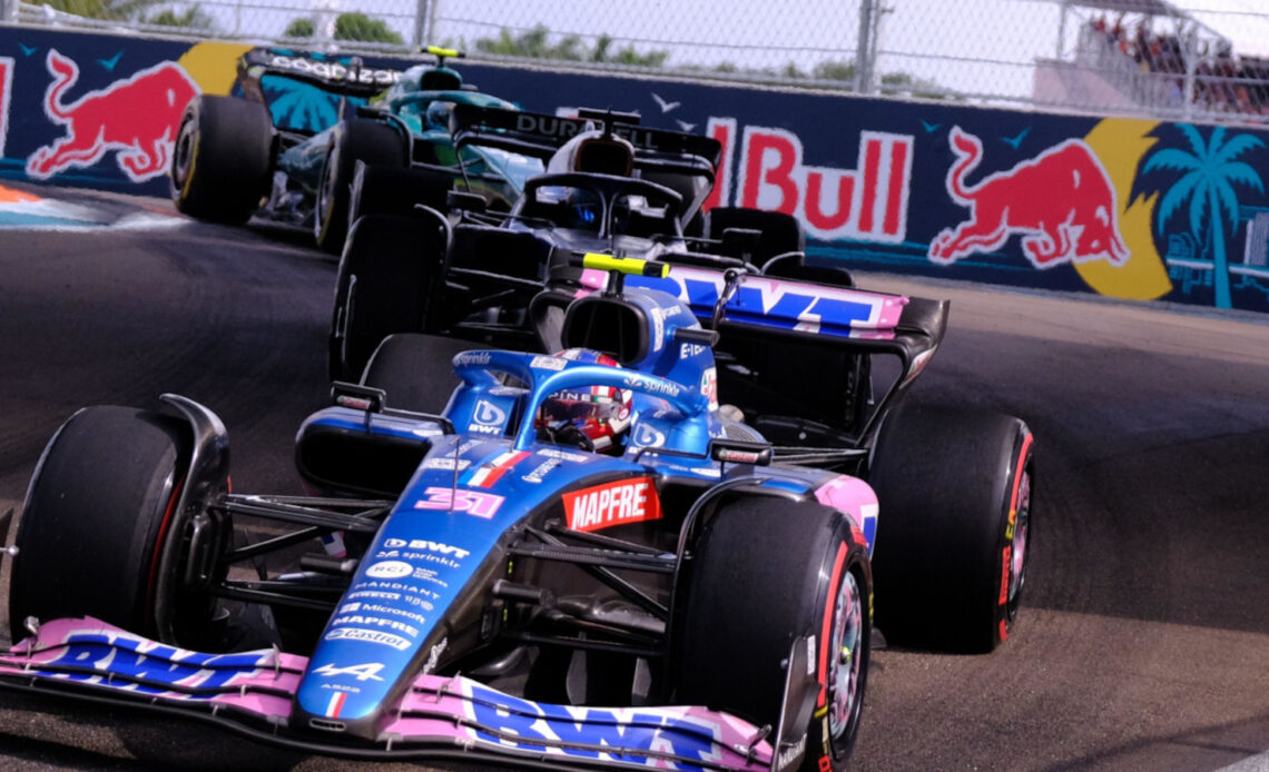 Esteban Ocon leads a Williams and Aston Martin. Miami GP May 2022