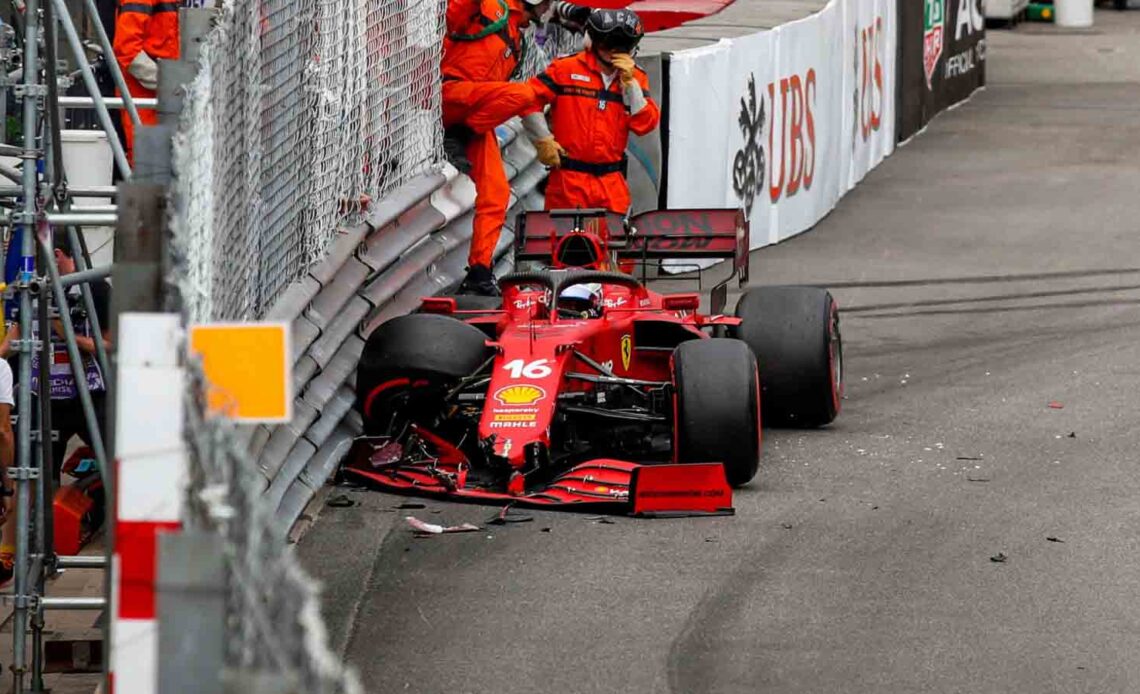 Charles Leclerc crashes out. Monaco May 2021.