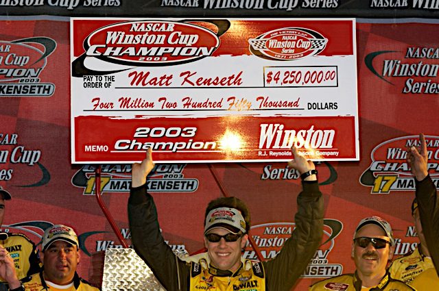 Matt Kenseth celebrates his 2003 NASCAR Winston Cup title. Photo: NKP