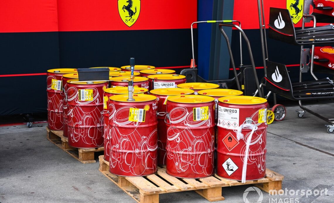 Fuel drums outside of the Ferrari garage
