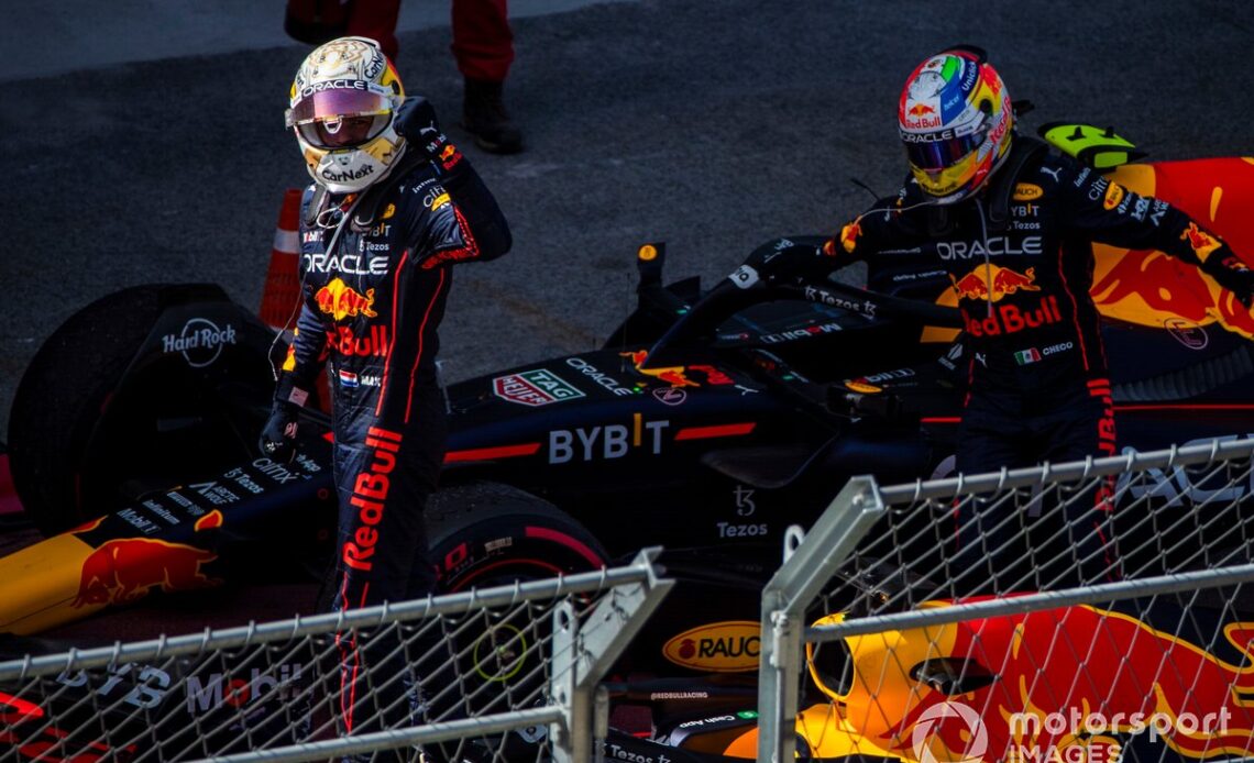 Max Verstappen, Red Bull Racing, 1st position, Sergio Perez, Red Bull Racing, 2nd position, arrive in Parc Ferme