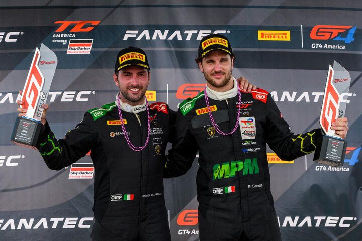 Andrea Caldarelli and Michele Beretta celebrate their victory in Fanatec GT World Challenge America Powered by AWS Race No. 1 at NOLA Motorsports Park, 5/21/2022 (Photo: K-PAX Racing)