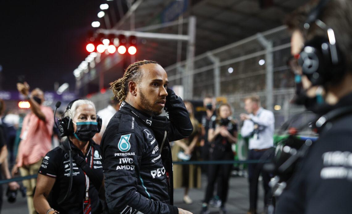 Lewis Hamilton looking concerned. Saudi Arabia March 2022
