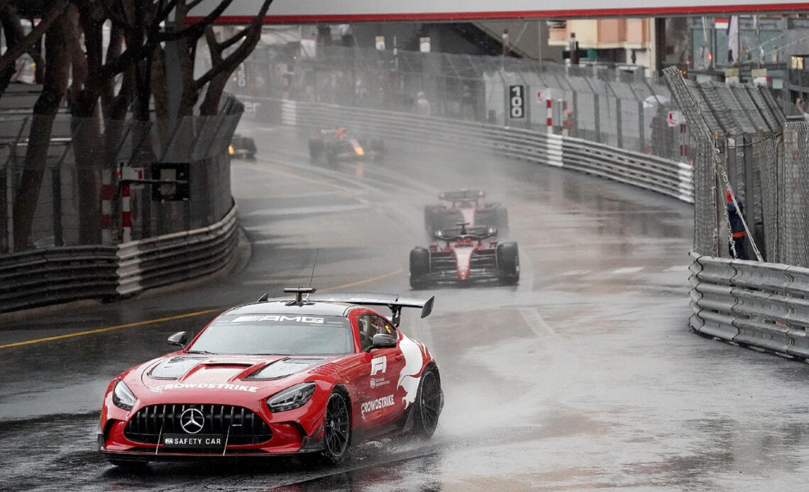 The Mercedes Safety Car leads the field at the Monaco Grand Prix. Monte Carlo, May 2022.