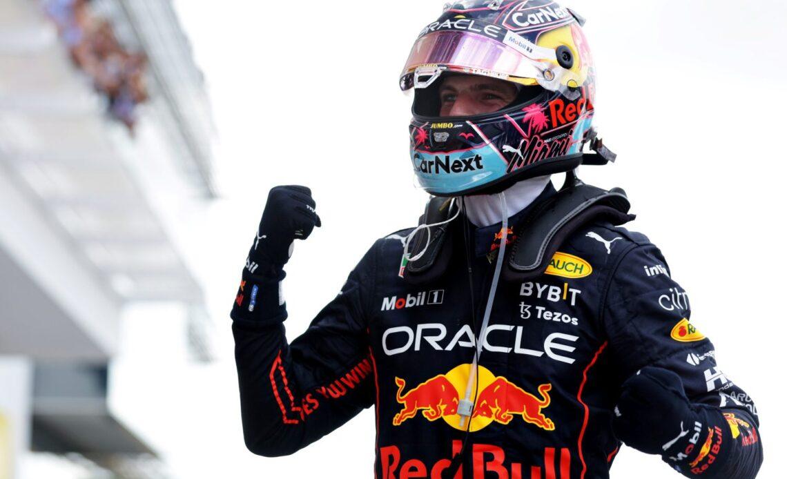 Race winner Max Verstappen of the Netherlands and Oracle Red Bull Racing celebrates in parc ferme during the F1 Grand Prix of Miami at the Miami International Autodrome on May 08, 2022 in Miami, Florida. (Photo by Mark Thompson/Getty Images)
