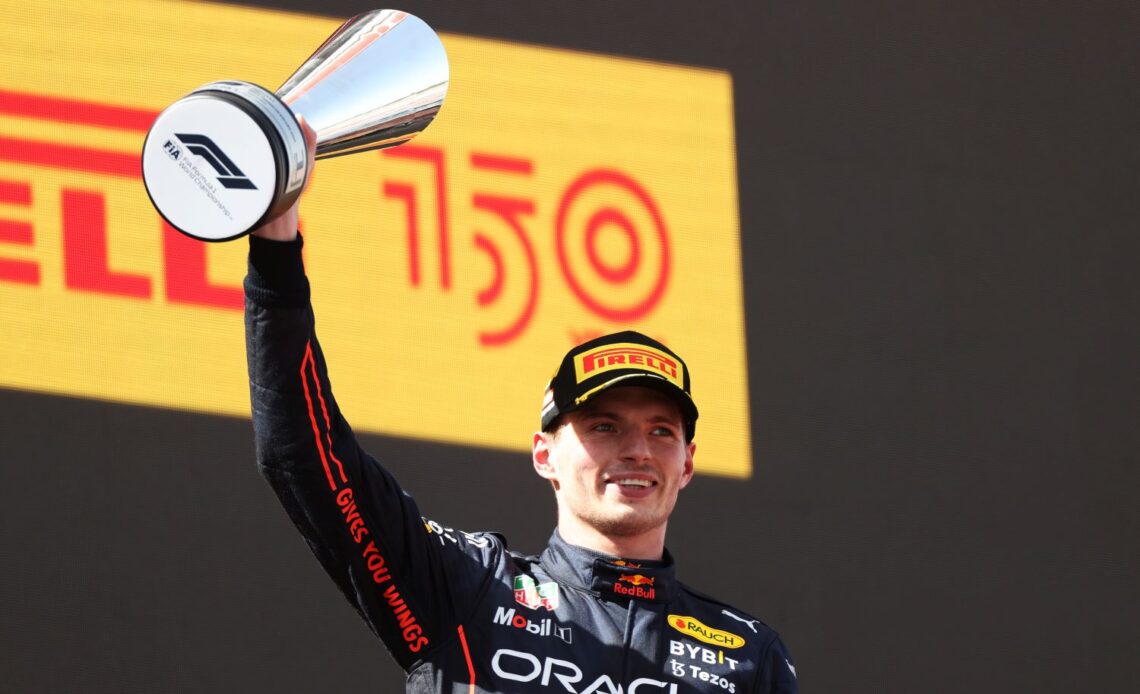 Race winner Max Verstappen of the Netherlands and Oracle Red Bull Racing celebrates on the podium during the F1 Grand Prix of Spain at Circuit de Barcelona-Catalunya on May 22, 2022 in Barcelona, Spain. (Photo by Peter Fox/Getty Images)