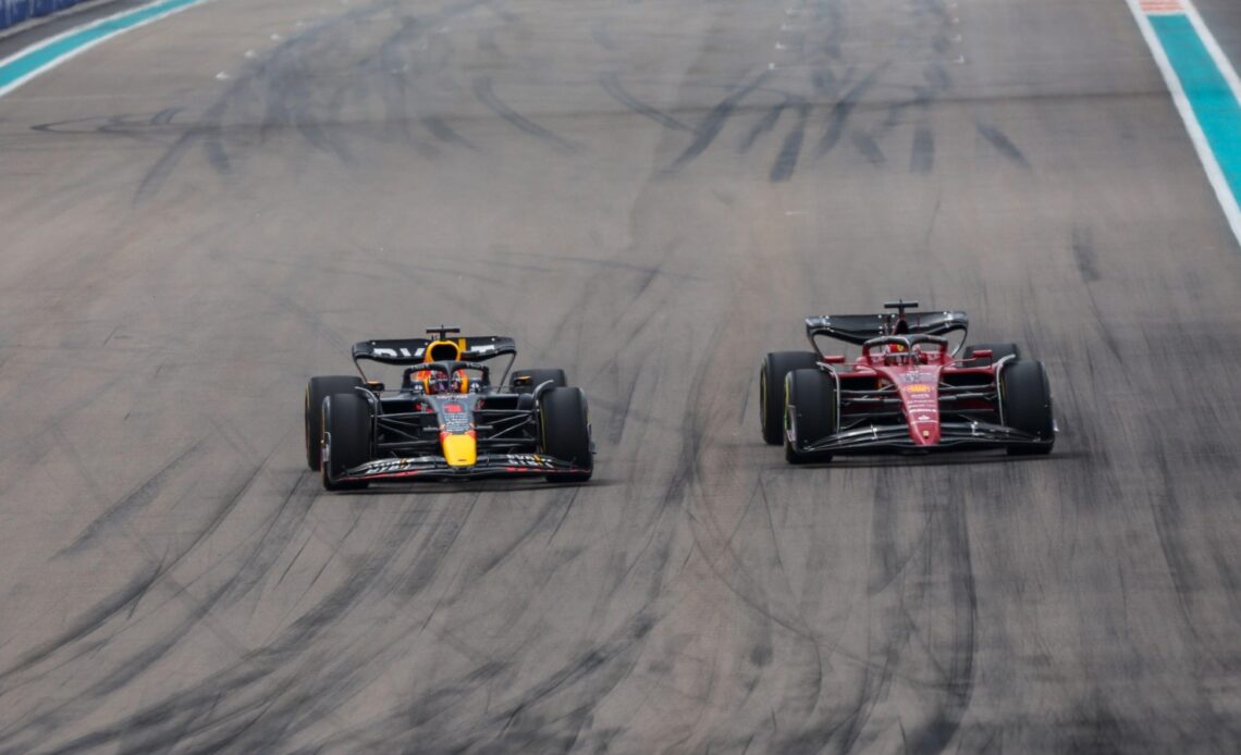 Max Verstappen passes Charles Leclerc in Miami. United States, May 2022.