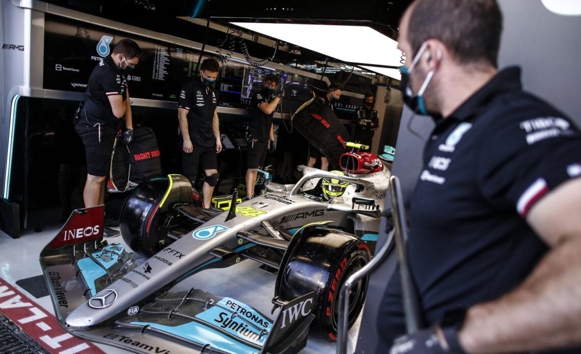 Lewis Hamilton prepares to leave the garage. Saudi Arabia March 2022