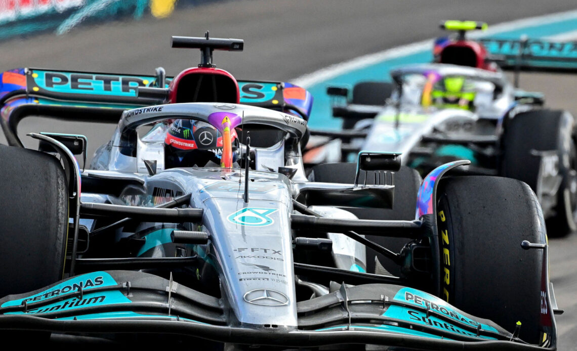 George Russell leads Lewis Hamilton. Miami May 2022