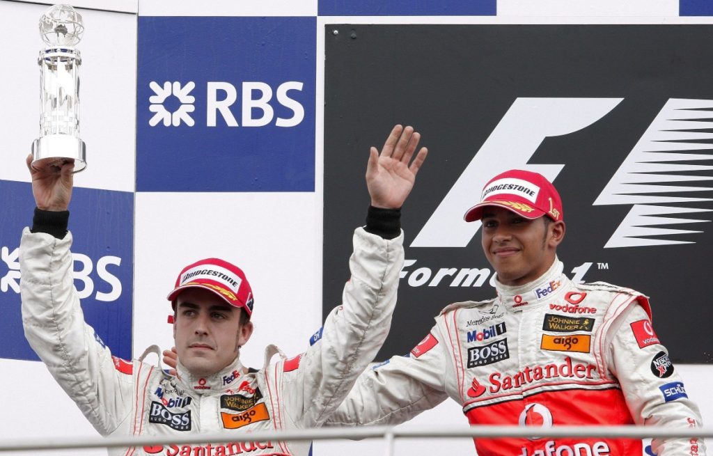 Fernando Alonso and Lewis Hamilton on the podium. Indianapolis June 2007.