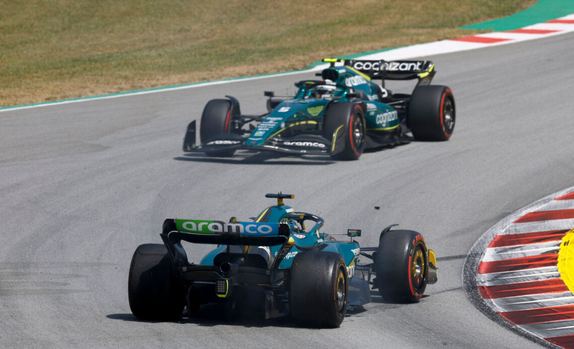 Sebastian Vettel passes the spinning Lance Stroll. Spain May 2022