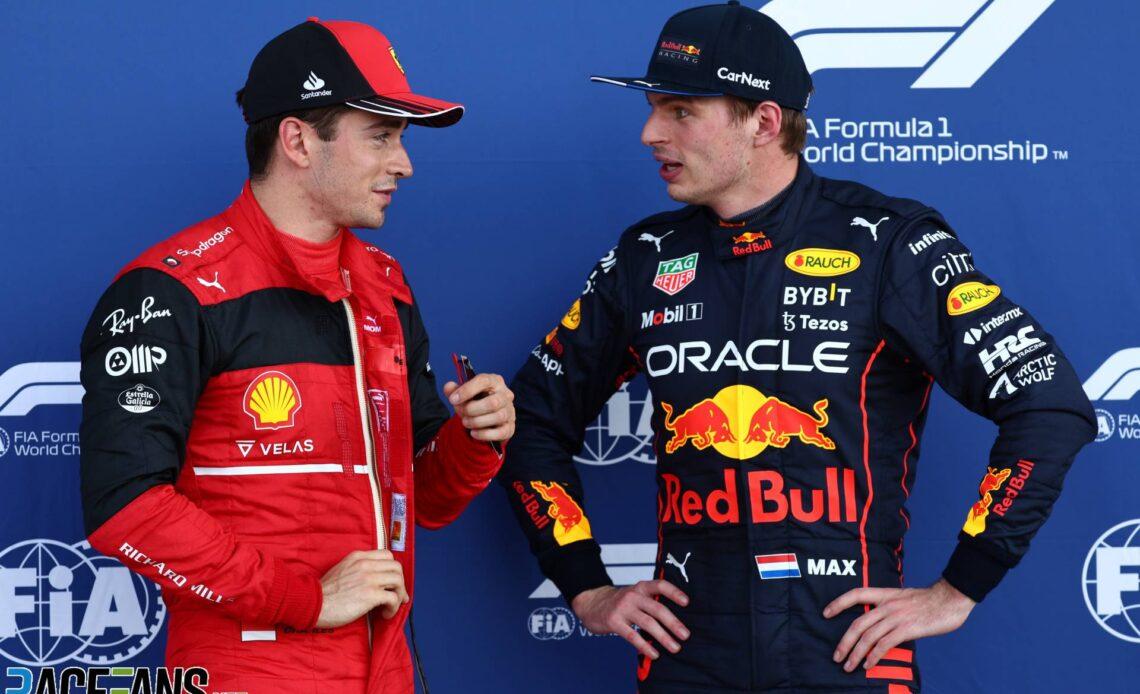 (L to R): Charles Leclerc, Ferrari; Max Verstappen, Red Bull, Miami International Autodrome, 2022