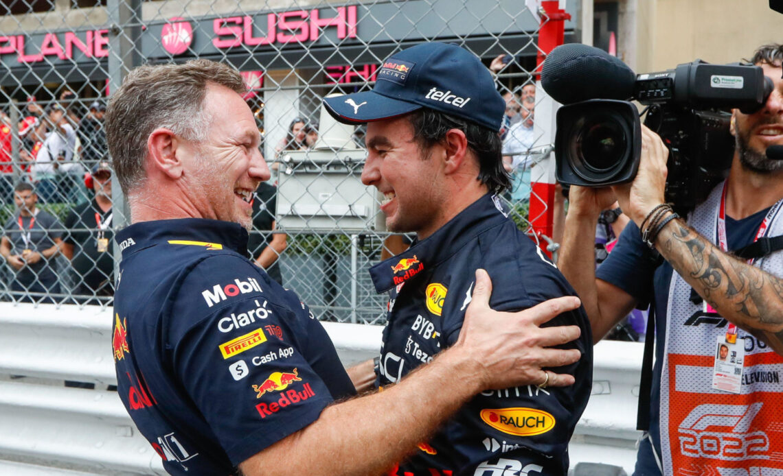 Christian Horner congratulates Sergio Perez on his way. Monaco May 2022