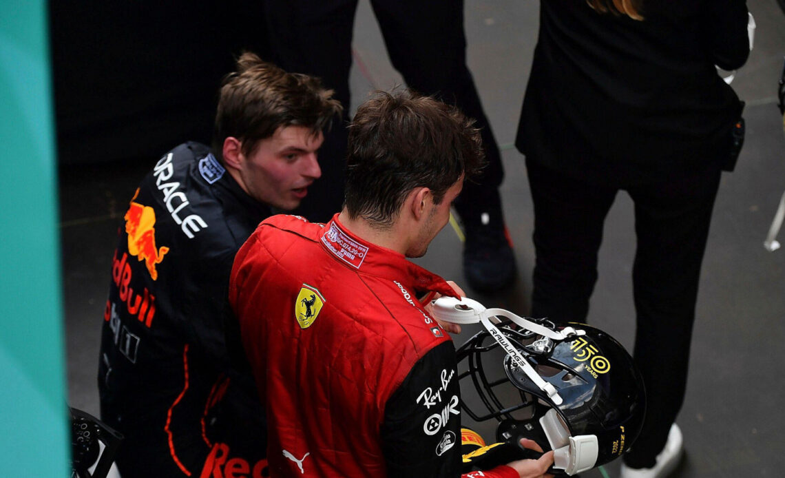 Charles Leclerc speaking with Max Verstappen before the podium ceremony. Miami May 2022