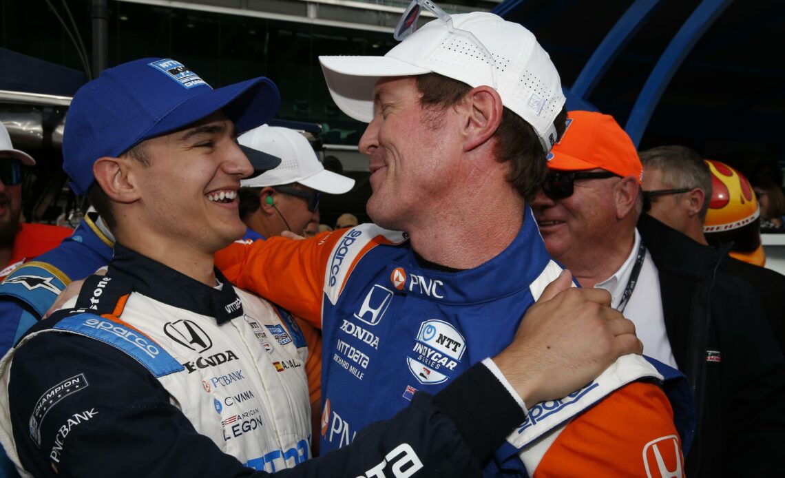 Scott Dixon and Alex Palou embrace after 2022 Indianapolis 500 qualifying