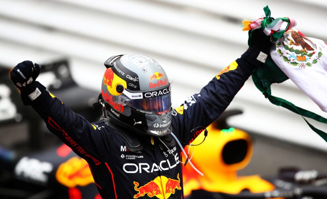 Race winner Sergio Perez of Mexico and Oracle Red Bull Racing celebrates in parc ferme during the F1 Grand Prix of Monaco at Circuit de Monaco on May 29, 2022 in Monte-Carlo, Monaco. (Photo by Eric Alonso/Getty Images)