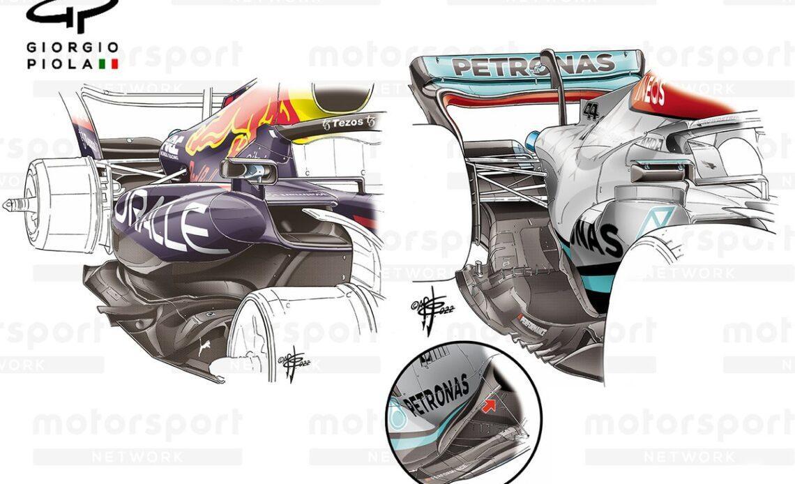 Mercedes W13 and Red Bull RB18 Floor and Sidepod comparison