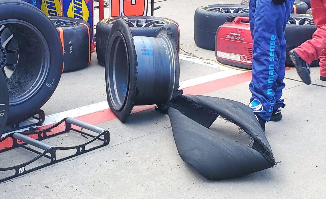 A flat tire on pit road during the 2022 race at Kansas Speedway. (Photo: Beth Lunkenheimer)