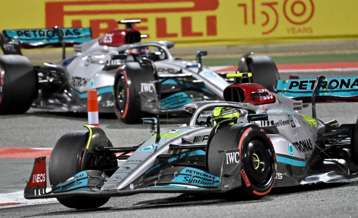 Lewis Hamilton leads George Russell. Bahrain March 2022