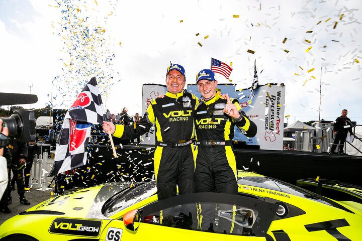 Alan Brynjolfsson and Trent Hindman celebrate their victory in the WeatherTech Raceway Laguna Seca 120, 4/30/2022 (Photo: Courtesy of IMSA)