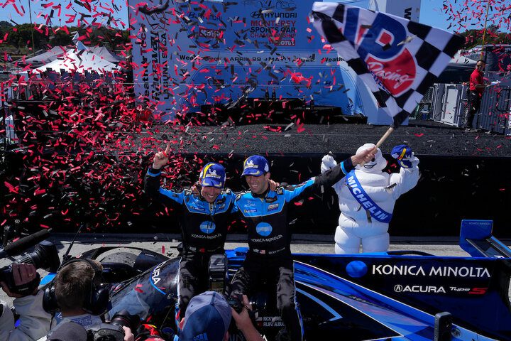 Filipe Albuquerque and Ricky Taylor celebrate their victory in the Hyundai Monterey Sports Car Championship at WeatherTech Raceway Laguna Seca, 5/1/2022 (Photo: Courtesy of IMSA)