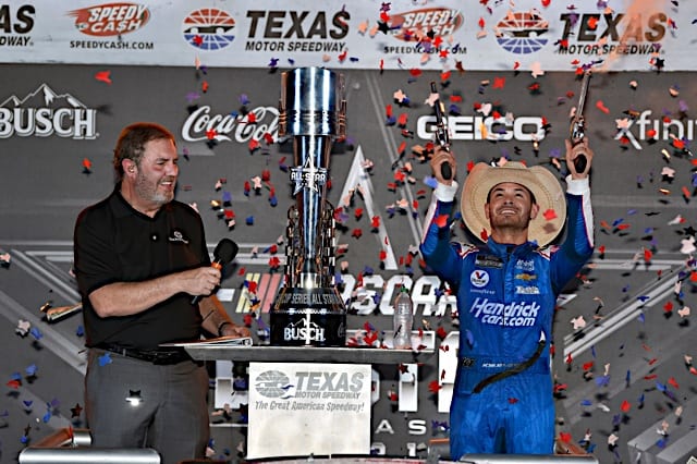 Kyle Larson celebrates his win in the NASCAR All-Star Race at Texas Motor Speedway, June 2021. Photo: NKP