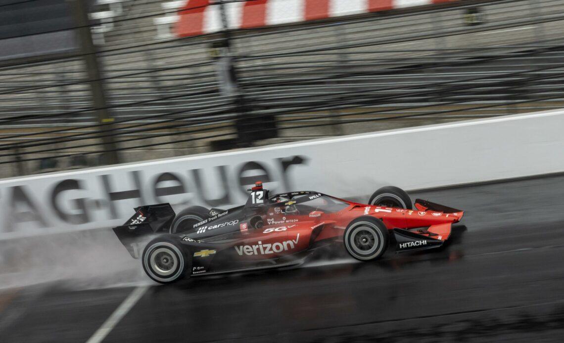 Will Power on the main straightaway in the 2022 GMR Grand Prix on the Indianapolis Motor Speedway road course