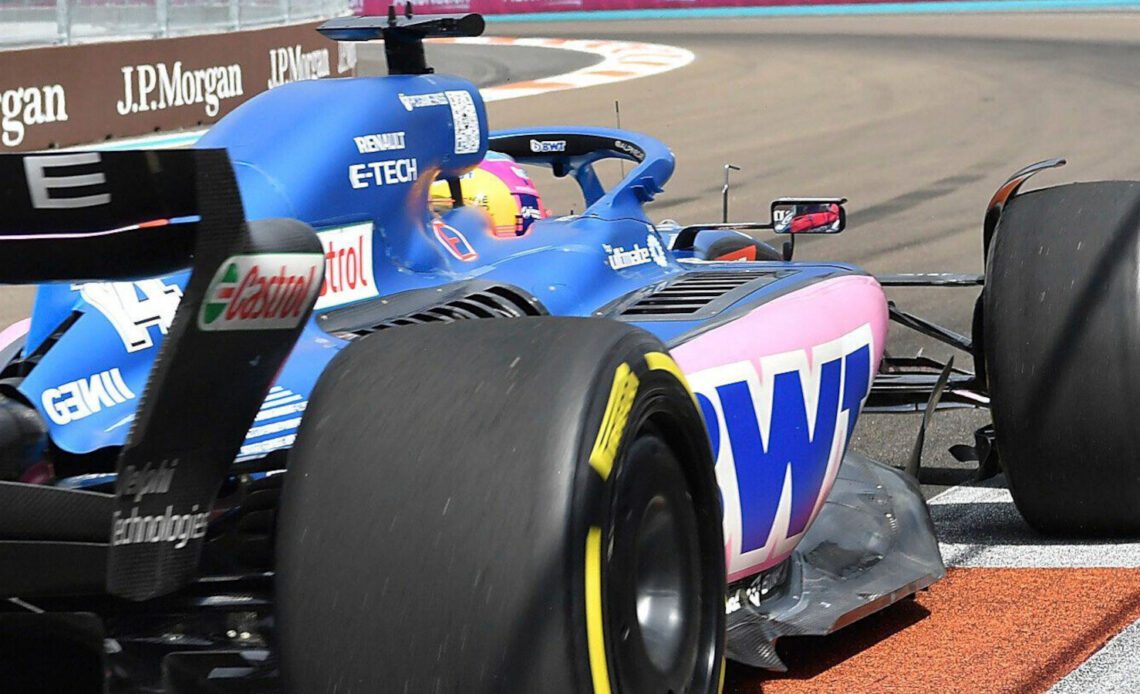 Fernando Alonso out on track shot from behind. Miami May 2022