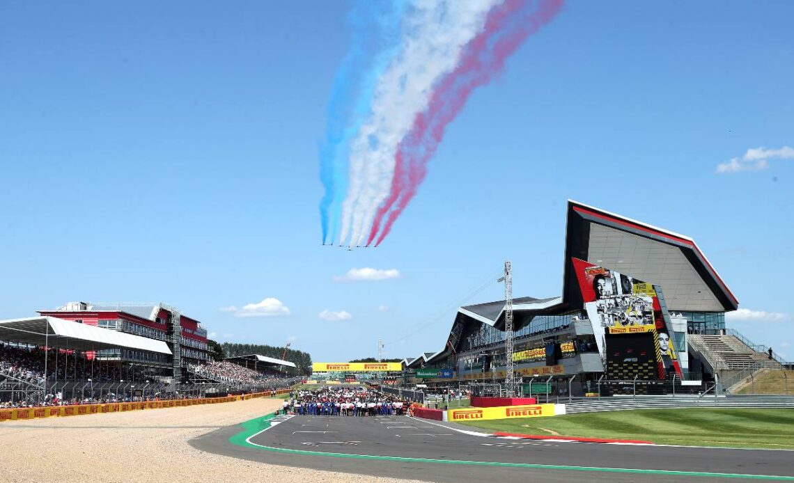 The Red Arrows complete a Silverstone flypast. July 2021.