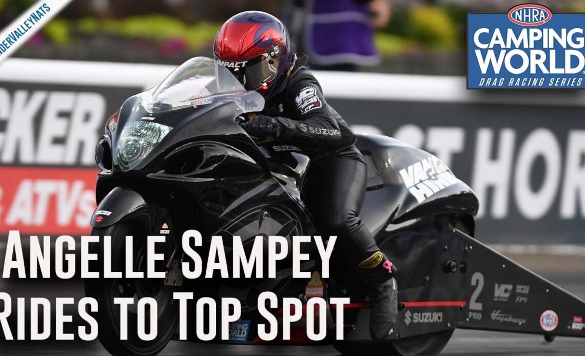 Angelle Sampey rides to the top spot Friday in Bristol