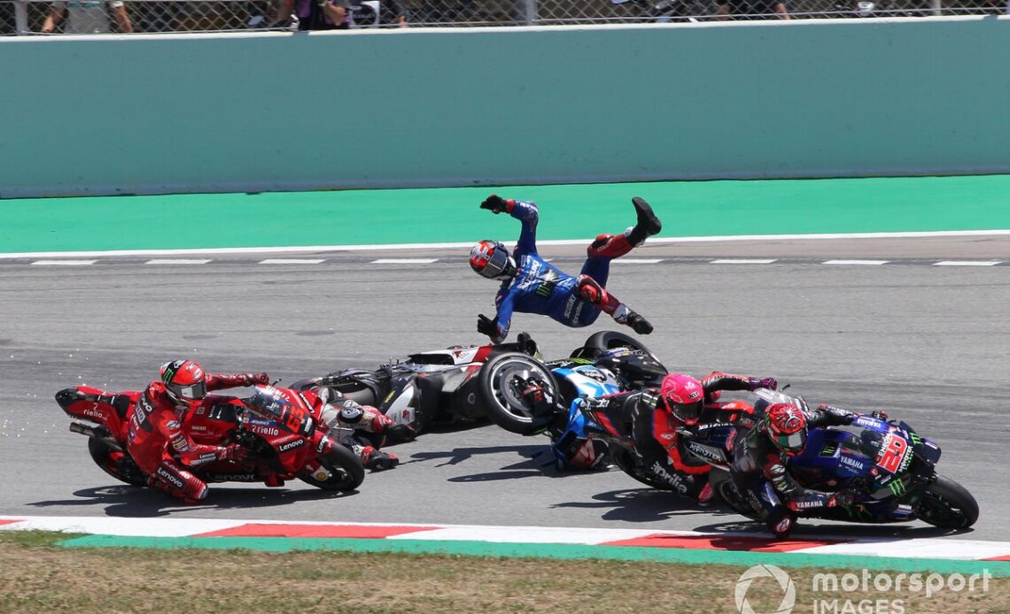 Fabio Quartararo, Yamaha Factory Racing leads, Takaaki Nakagami, Team LCR Honda and Alex Rins, Team Suzuki MotoGP crash, Francesco Bagnaia, Ducati Team behind