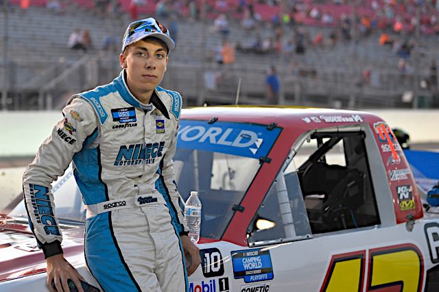 Carson Hocevar sits on his NASCAR Truck Series Chevrolet on pit road at Gateway. (Photo: NKP)