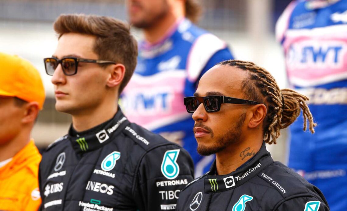 George Russell alongside Lewis Hamilton. Bahrain March 2022.